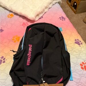Patagonia Black Backpack with Pink and Blue Accents